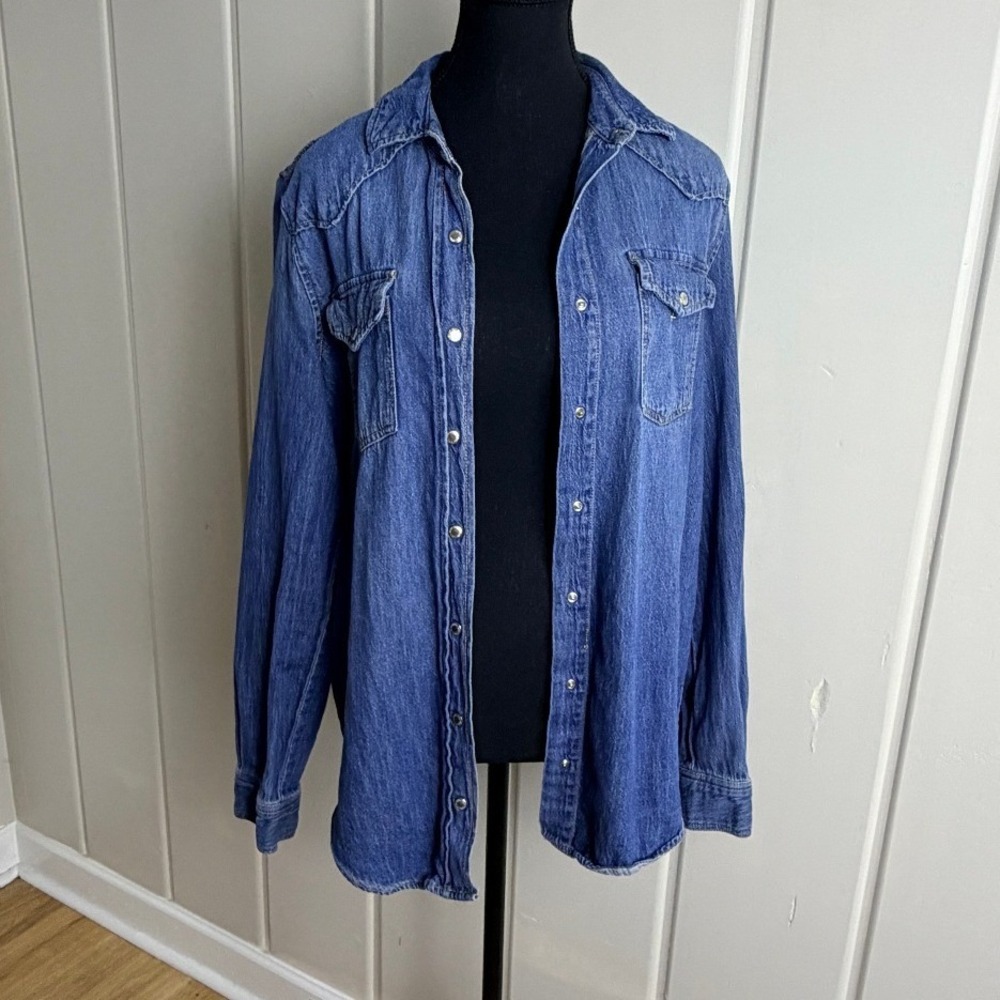 Zara Mens Blue Denim Western Snap Button Shirt Medium Pearl Snaps Long Sleeve